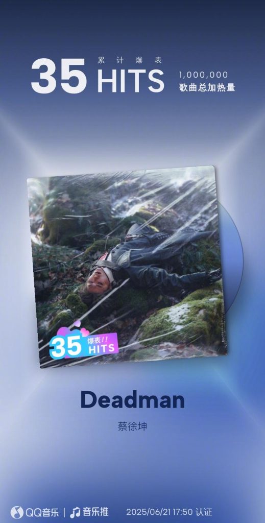 蔡徐坤の新曲「Deadman」がQQ音楽で大ヒット！35回の加熱達成で話題沸騰